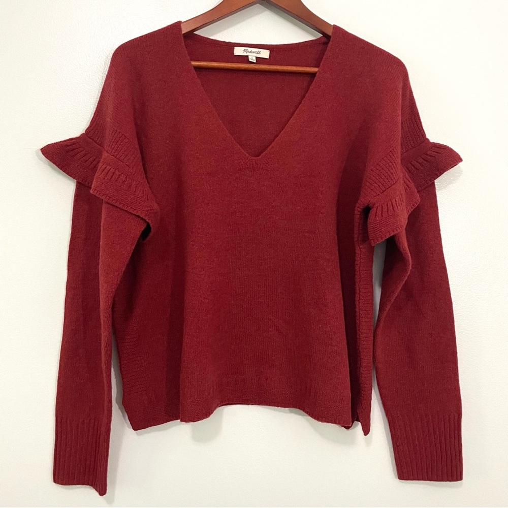 Madewell Rustic Red Merino Wool V Neck Ruffle Shoulder Oversized Sweater…